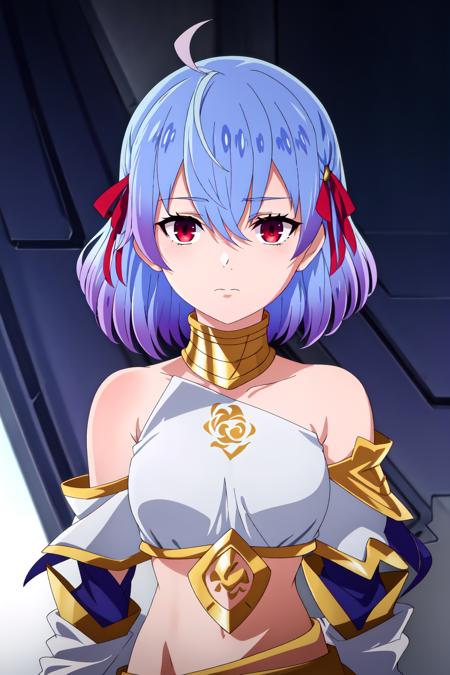 (exceptional, best aesthetic, new, newest, best quality, masterpiece, extremely detailed),<lora:Ruti_V2:0.75>,Ruti, 1girl, solo, ribbon, hair ribbon, short hair, metal collar, red eyes, blue hair, ahoge, multicolored hair, meme, armlet, gradient hair, collar, jewelry, bangs, parody, armor, expressionless, bare shoulders, closed mouth, looking at viewer, hair between eyes