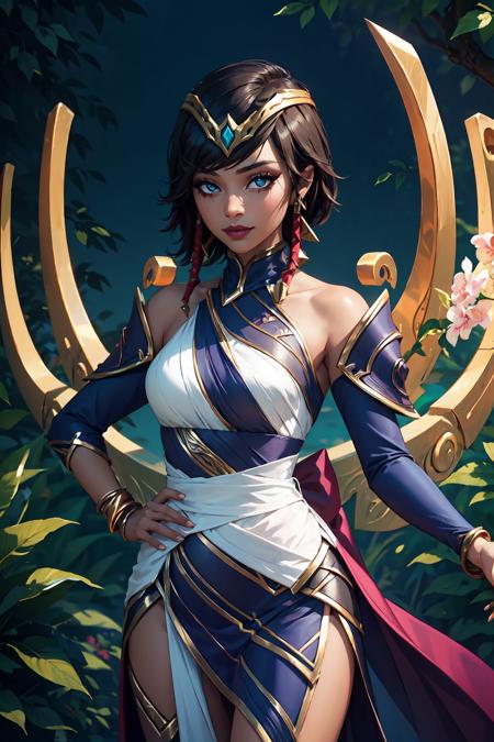 karma \(league of legends\), 1girl, dress, jewelry, dark-skinned female, makeup, short hair, detached sleeves, tiara