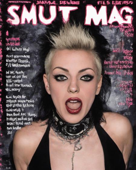 fanzine cover, text: "smut mag", <lora:so77-XL:0.2>, woman, solo, naked, punk, in the style of jamie reid, looking at viewer, choker, open mouth, shocked, iconic, typography, best quality, collage, mixed media