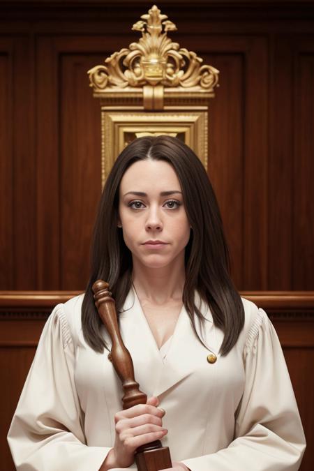 realistic Men's Journal portrait photo of (c453y4nth0ny-neutral3:1.0) with a french Bob hair posing as a glamour model in judge outfit holding a gavel, sharp focus, skin texture, light bokeh