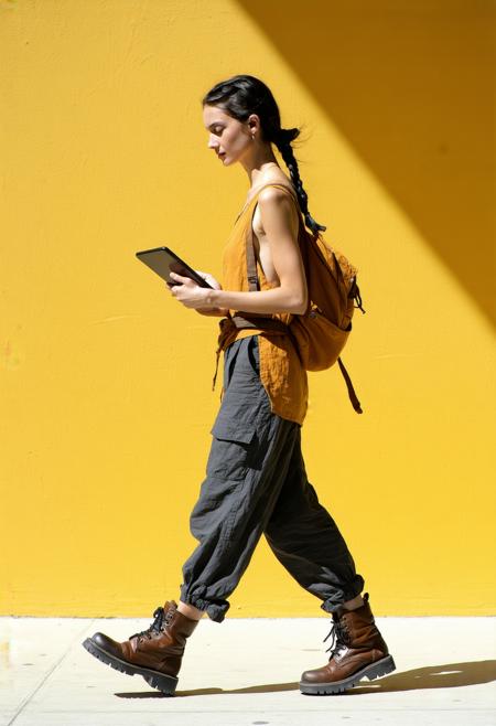 A woman in her late twenties strides confidently forward, sculpted shoulders and arms visible under a sleeveless ochre linen tunic, practical slate-gray trousers tucked into scuffed leather boots. Her dark braid swings rhythmically as she checks a matte-metal tablet clipped to her belt, features softened by warm, diffused daylight casting sharp geometric shadows. Styled in cinematic realism blended with Jamie Hewlett’s graphic dynamism and Alphonse Mucha’s flowing lines, the scene hums with efficient energy. Palette: sun-bleached yellows, cream, and slate. Details: faint boot scuffs, tablet’s amber glow, a coiled rope hinting at unseen labor. Textures: linen’s weave, leather’s patina, digital screen’s cool sheen. Perspective: low-angle, emphasizing strength and motion.