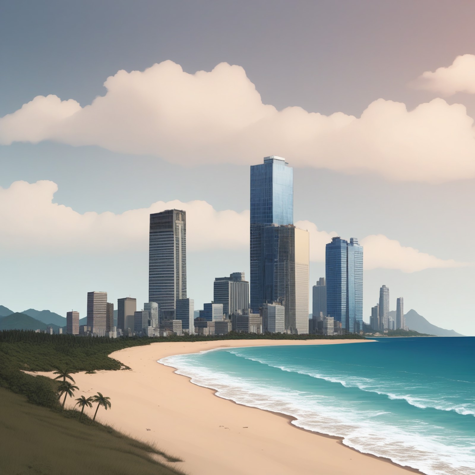 best quality,masterpiece,
landscape,sandy beach,seaside,ocean,sky,cloud,nature,gulf city,Skyscraper,