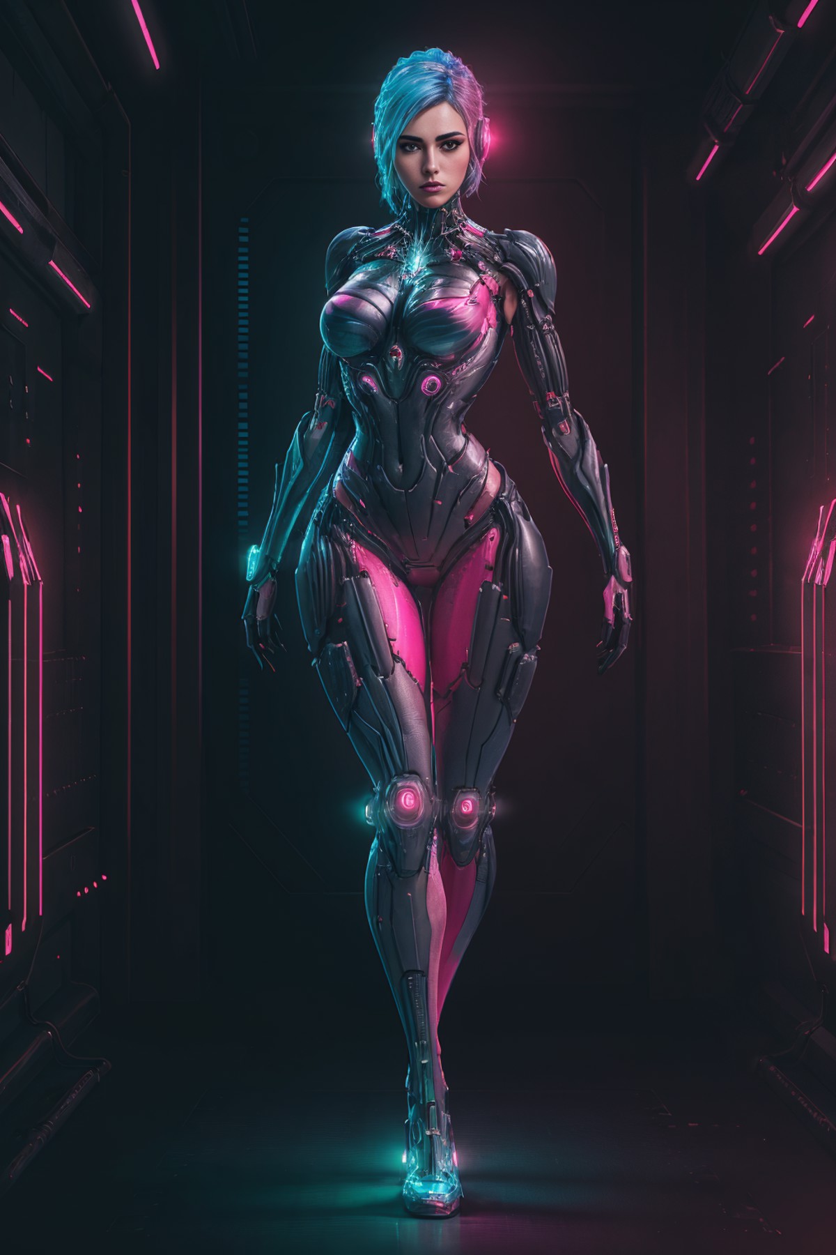 RAW, 1girl, colorful, dynamic pose, ((full body)), ((pink matte armor, cyan lights <lora:CrysisNanosuit:0.6>)), (masterpie...
