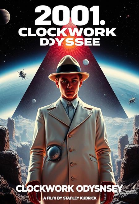 Design a striking and surreal movie poster for 2001: CLOCKWORK ODYSSEY, a blend of Stanley Kubrick’s iconic films A Clockwork Orange and 2001: A Space Odyssey. In the foreground, feature Alex from A Clockwork Orange in his classic white outfit, bowler hat, and disturbing single eyelash. He stands against a backdrop of space, with the HAL 9000 red eye ominously glowing in the distance. The monolith from 2001 looms behind him, while elements of the dystopian, urban world of Clockwork Orange are subtly integrated into the vast, sterile spacescapes of 2001. The color palette should feature the warm oranges and blacks of Clockwork Orange contrasted with the cool whites and blues of 2001. At the top or bottom of the poster, boldly display the title 2001: CLOCKWORK ODYSSEY, fusing the typography styles of both films. Below the title, add: ‘A Film by Stanley Kubrick,’ to highlight the legendary director’s vision