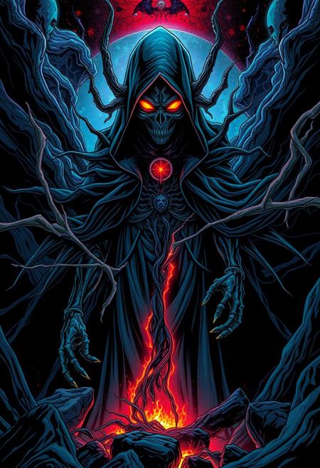 A mysterious, otherworldly figure, 
highly detailed vector illustration, intricate linework, bold graphic composition, dynamic lighting, dramatic contrast, vivid neon color palette, deep shadows, glowing highlights, fantasy and sci-fi themes, surreal landscapes, gothic horror aesthetics, fluid organic shapes, comic book and poster art style