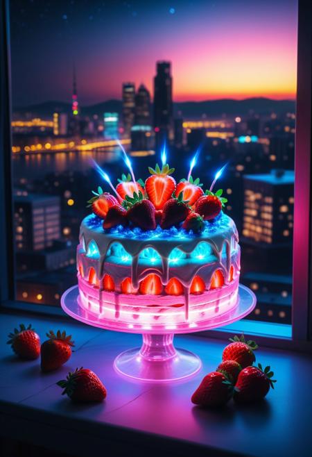 8k analog photo, unmanned, jaynl-tm, a whole cake made of aurora, whipcream, strawberry, glow of bioluminescent elements and magical light, on table, night city scape from window blurry background, electricity,