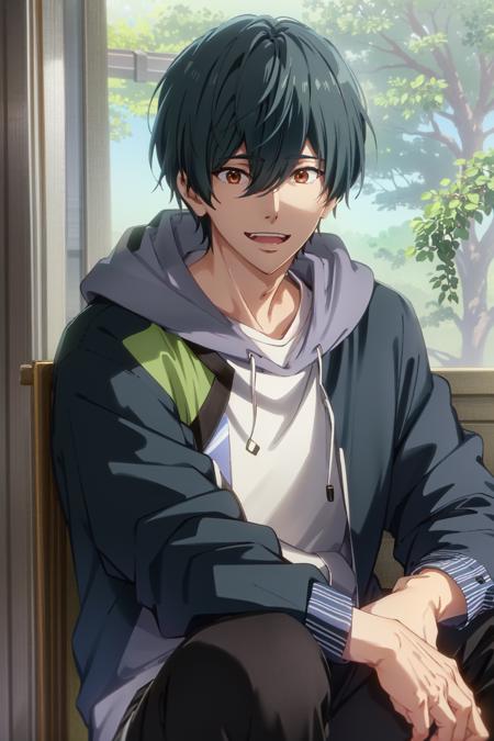 kirishima ikuya\(free!\), solo, 1boy, hair between eyes, looking at viewer, black hair, brown eyes, green hair, male focus, purple jacket, hood