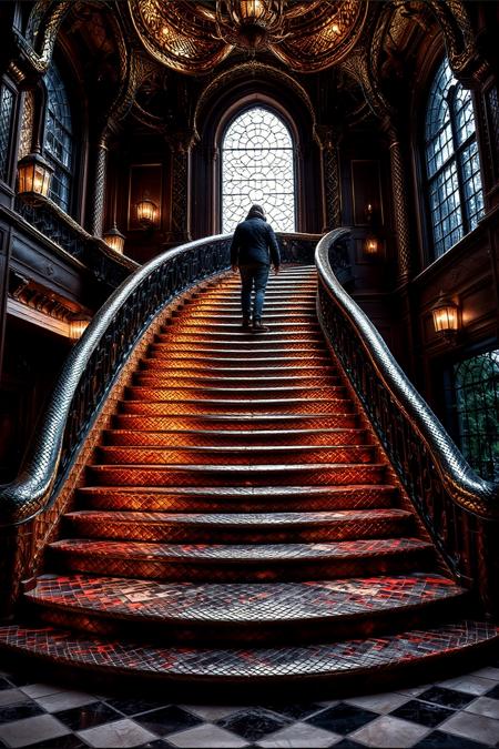 sn4k3. A grand staircase in a mansion, but instead of wood or marble, the steps are made of tightly interwoven sn4k3 skin. As a person ascends, the steps begin shifting, subtly coiling upward like a giant constrictor. The railing is lined with tiny, blinking reptilian eyes. The person hesitates, realizing too late that the stairs are now alive. Dramatic gothic lighting, eerie atmosphere.