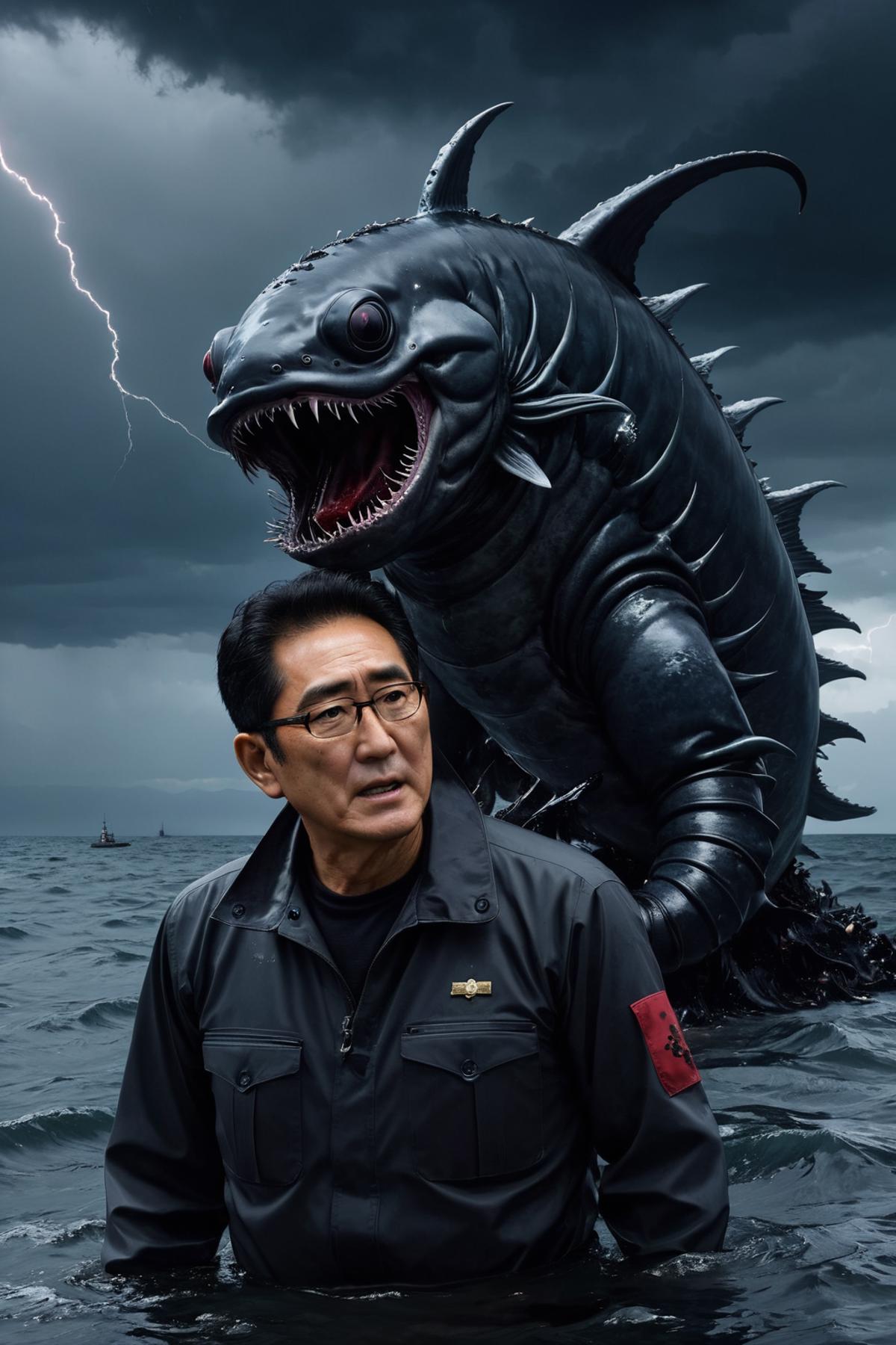A man standing in front of a giant sea monster or fish.