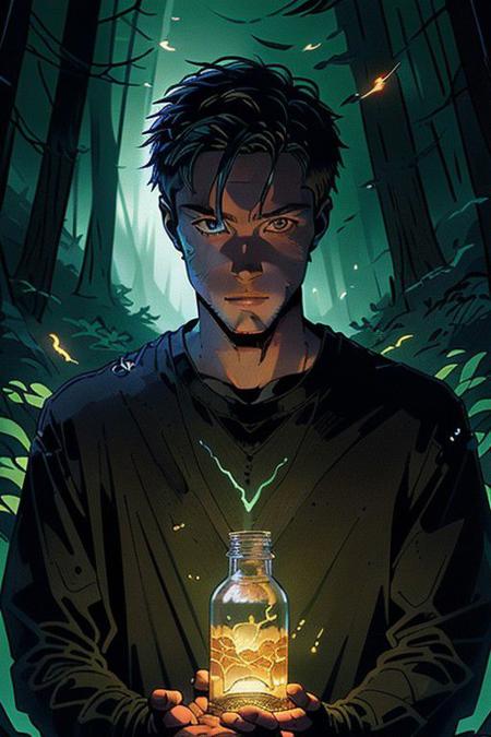 Cartoon image with Extreme details. Depth, A boy holding a bottle of gaseous magic portion in a forest area surrounded by fireflies. The bottle acts as source of light. The magic portion leaking its powers to sky, Highly detailed facial features, hair and eyes.