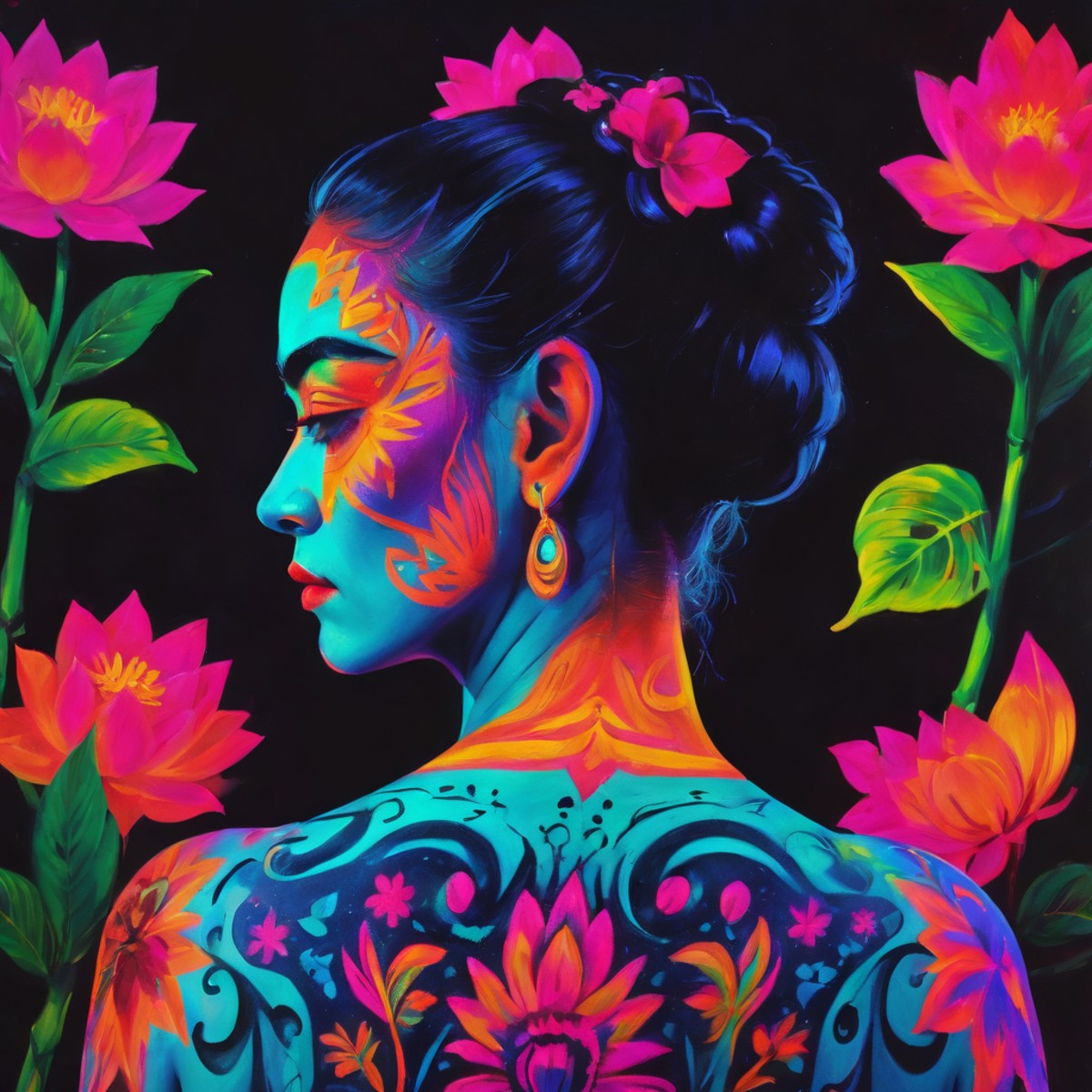 blacklight uv painted on the back of a girl depicting art in the style of Frida Kahlo