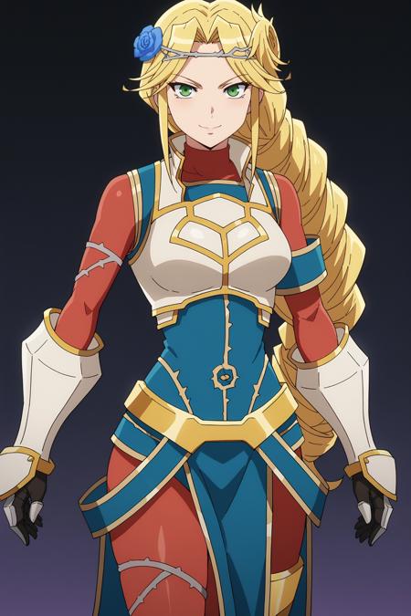 1girl, lakyus alvein dale aindra, overlord \(maruyama\), blonde hair, green eyes, lakyusout1, braid, blue flower, hair flower, hair ornament, armor, gloves,  gauntlets, white footwear, boots, (lakyusout2:1.7), blue dress, long sleeves, necklace,  anime coloring, anime screencap,