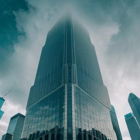As you journey through the city, you come across a skyscraper unlike any other. Instead of the typical glass and steel structure,, exuding grace and strength. Write about the moment you first lay eyes on this extraordinary edifice, and the thoughts and emotions it evokes within you.top is covered with clouds, hair is clouds, backround is night sky