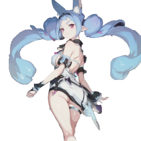 <lora:aijia:1>,1girl,solo,sideboob,barefoot,twintails,blue hair,long hair,pink eyes,bare shoulders,white dress,short dress,detached black sleeves,dress,animal ears,white background,bare legs,large breasts,low twintails,parted bangs,thigh strap,