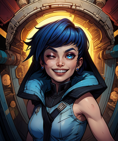 Ava,short blue hair,blue eyes, nose ring, 
jacket,sleeveless,one eye closed,smile teeth,
standing,upper body,
spaceship,
(insanely detailed, beautiful detailed face, masterpiece, best quality),<lora:Ava-10BD3:0.6>,