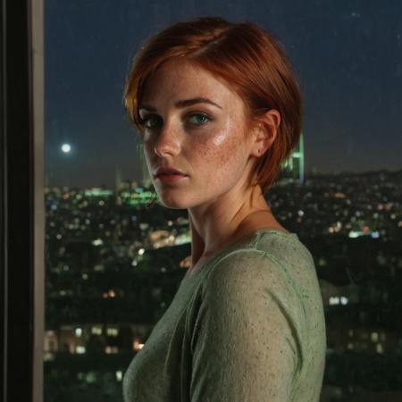 (freckles, short red hair, light green eyes), (realistic pretty face) A close-up photograph of a girl with striking green eyes and a seductive expression, standing by a window with moonlight streaming in. The girl is positioned to the side, looking back with a seductive glance. The background features a cityscape at night, with glowing city lights and a full moon. Created Using: Sony A7R IV, moonlight, high contrast, natural skin tones, atmospheric lighting, detailed background