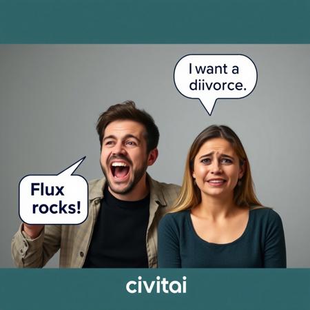 studio photo of ecstatic man who says in a text bubble: "Flux text rocks!" next to a sad crying woman in tears who says in a text bubble: "I want a divorce". white and blue logo of "civitai".