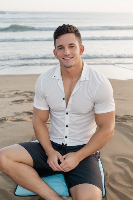 RAW photo,  photo of man sc_joey sitting on a beach in a (shirt:1) and swim trunks , <lora:SC_Joey-07:1>, looking at viewer, smile, short hair, black hair, 1boy, sitting, male focus, water, grin, feet out of frame, beach, realistic, sand, male swimwear, photo background,  8k uhd, dslr, soft lighting, high quality, film grain, Fujifilm XT3