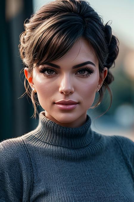 photo of beautiful (EPLud0v1c4P4g4n1:0.99), a woman with perfect hair, hair upsweep updo, wearing (red Chunky Knit Sweater :1.1), (plain blue glacier :1.1), modelshoot style, (extremely detailed CG unity 8k wallpaper), professional majestic photography, (smile), ((upper body)), (camera), 24mm, exposure blend, hdr, faded, extremely intricate, High (Detail:1.1), Sharp focus, dramatic, soft cinematic light, (upper body), (looking at viewer), (detailed pupils), 4k textures, soft cinematic light, adobe lightroom, photolab, elegant, ((((cinematic look)))), soothing tones, insane details, hyperdetailed, low contrast("I've got a bad feeling about this.":1.1), ("In Jernau we trust!":1.1),