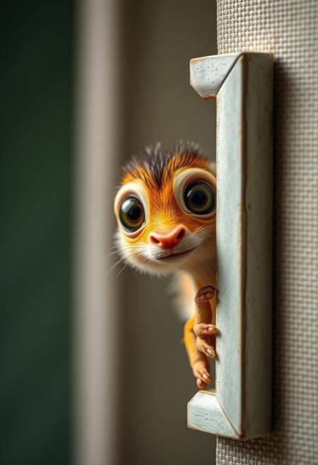 A whimsical creature peeks into the right side of a vertical canvas, its large, curious eyes staring directly into the frame as if observing the viewer. The frame itself appears to bend slightly, reacting to the creatureâs playful presence, creating the illusion that itâs part of the scene, Vibrant Glow