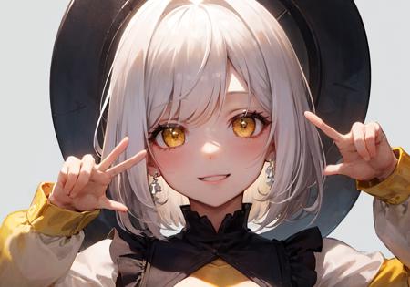 Cinematic, Fancy effects, Petite, Intricate details, 1 girl, Solo, Small girl, (Medium curved bob + White hair : 1.2), Detailed yellow eyes, (Detailed face:1.2), Medium breasts, White T-shirts, V-sign, Smile