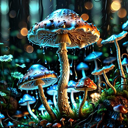 (intricate details, masterpiece, best quality:1.4),hyperdetailed,hypertextured,realistic,<lora:Bio-Luminescence:1>,mushroom with bioluminescent dots,mushroom growing upside down,glowing,raining,night,<lora:xl_more_art-full_v1:0.6>,