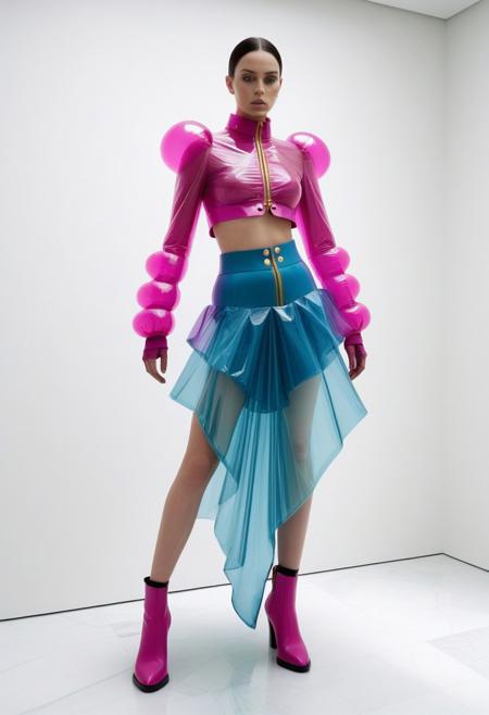 The image is a high-fashion photograph featuring a woman with a bold, avant-garde aesthetic. She is dressed in a striking outfit consisting of a vibrant magenta, long-sleeve crop top and matching high-waisted skirt. The top is a cropped, tailored jacket with a slight sheen, fastened with gold buttons and featuring a subtle, asymmetrical hem. The skirt is cinched at the waist, creating a dramatic flair at the front. The image is a photograph of a stylish individual standing in a modern, minimalist living space with polished, light-colored marble floors and white walls. The person is dressed in an eye-catching outfit, featuring a long-sleeve, off-the-shoulder, olive green top with intricate, ruffled detailing on the skirt portion, which drapes down to the floor. This photograph features a person standing against a stark white background. The individual is wearing a futuristic, inflatable costume made of translucent, blue and pink vinyl material, resembling a cross between a spacesuit and a body armor. The costume is designed to fit closely to the body, with a complex network of inflatable tubes and compartments that form a protective, segmented structure. The suit features multiple layers of inflatable panels that cover the torso, arms, and legs, creating a rigid, armored appearance.