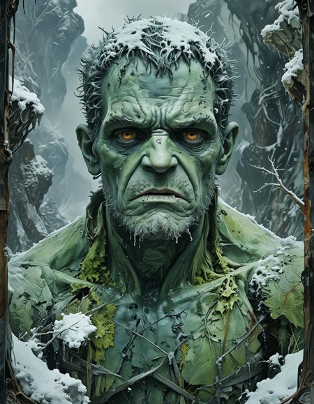 (Frankenstein's Creature, struggling, grotesque, misunderstood, in the icy wilderness.:0.5) ([Art nouveau style|Color Field Painting]:1.3)
