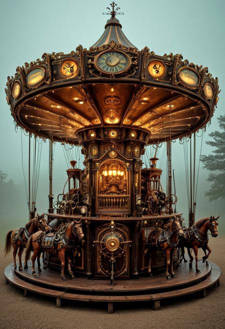 A forgotten steampunk amusement park hidden in a misty valley, overrun by sentient, rust-covered attractions. A lone explorer with a gear-cranked lantern wanders past a derelict Ferris wheel that still hums with eerie music, while mechanical clowns shuffle silently in the fog. Vines tangle with copper pipes, and glowing-eyed automaton animals roam the broken carousel. qu4ntum
