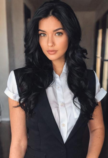 instagram photo, photo of a 25 y.o lady, black hair, detailed eyes, natural smooth skin, business attire