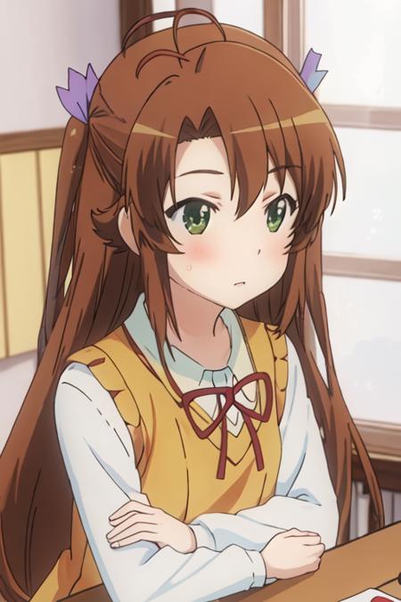 best quality, masterpiece, highres, solo, {koshigaya_komari_nonnonbiyori:1.15}, brown_hair, long_hair, green_eyes, blush, antenna_hair, bangs