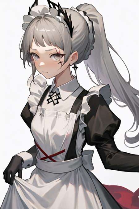 best quality, masterpiece, highres, solo, {irene_arknights:1.15}, long_hair, grey_hair, head_wings, scar, scar_across_eye, grey_eyes, earrings, jewelry, scar_on_face, closed_mouth, upper_body, very_long_hair, 1girl, apron, black_dress, maid, maid_headdress, dress, simple_background, alternate_costume, enmaided, ponytail, looking_at_viewer, long_sleeves, puffy_sleeves, maid_apron, white_background, juliet_sleeves, white_apron