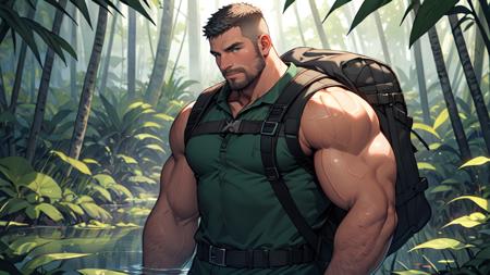 Best quality, masterpiece, ultra high res, detailed background, game_cg,
Mature man, muscular, muscular male, crew cut, In the dense jungle,
thick thighs, thick arms, upper body, completely nude, Swamp, Mist, Green Explorer Dress, Backpack, <lyco:NiJiMaleV2-10:0.3>