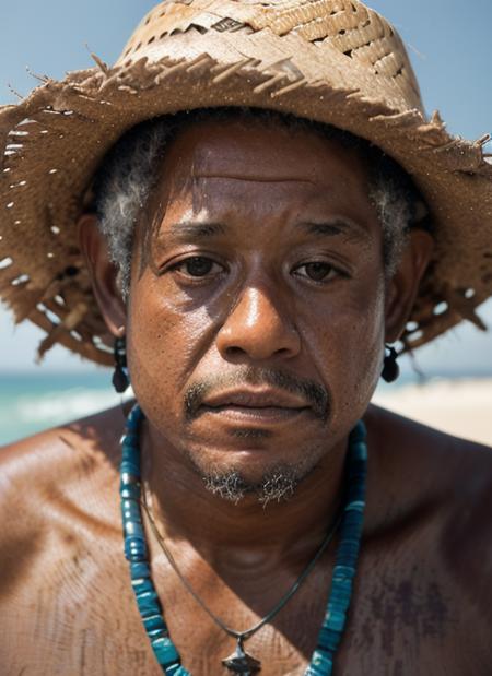 portrait of fw1,  man in Shipwreck survivor: Torn shirt, ragged shorts, tattered straw hat, beaded necklace, barefoot epic (photo, studio lighting, hard light, sony a7, 50 mm, matte skin, pores, colors, hyperdetailed, hyperrealistic),  <lora:ForestWhitaker:1>