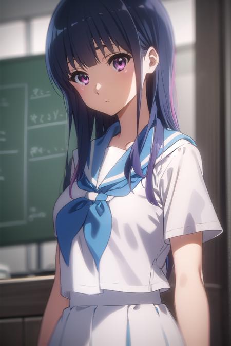 mizoreyorizuka, <lora:mizore yorizuka s2-lora-nochekaiser:1>,
mizore yorizuka, yoroizuka mizore, long hair, bangs, blue hair, (pink eyes:1.3),
BREAK skirt, shirt, school uniform, white shirt, short sleeves, pleated skirt, serafuku, sailor collar, blue skirt, neckerchief, blue sailor collar, school bag, blue neckerchief, kitauji high school uniform,
BREAK indoors, classroom,
BREAK looking at viewer, (cowboy shot:1.5),
BREAK <lyco:GoodHands-beta2:1>, (masterpiece:1.2), best quality, high resolution, unity 8k wallpaper, (illustration:0.8), (beautiful detailed eyes:1.6), extremely detailed face, perfect lighting, extremely detailed CG, (perfect hands, perfect anatomy),