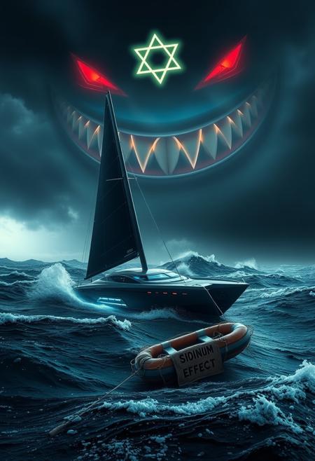 A sleek, high-tech sailboat with a futuristic design is shown sinking into the turbulent waters near the coast of Palermo. The vessel, long and streamlined, features cutting-edge technology with glowing digital displays and advanced sails, now submerged at precarious angles as it battles against the overpowering waves. Above, the sky is dark and menacing, dominated by a colossal, sinister smile with sharp, exaggerated teeth, and a glowing Star of David at its center, casting an ominous glow over the scene. Floating amidst the debris in the water is a lifeboat, partially overturned, with a makeshift sign attached to it that reads "Sionism Effect" in bold, unsettling letters. The lifeboat, acting as a stark reminder of survival and struggle, contrasts with the high-tech sinking ship and the foreboding sky, creating a powerful and symbolic image.