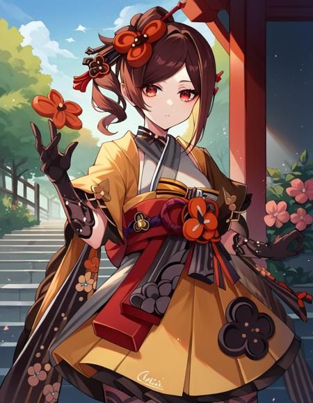 chiori, brown hair, hair ornament, red eyes, flower, hair flower, gloves, japanese clothes, sash, obi,