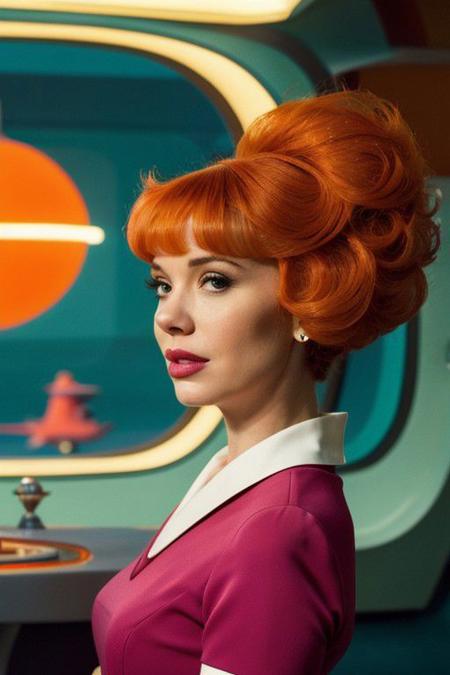 Generate an 8K hyper-realistic image of Christina hendricks like jet jetsons, hairstyle 70's, wearing jet jetsons dress violet, triangular dress collar, jet jetsons cut hairstyle, orange hair, adopting a visual style inspired by Wes Anderson, RED camera system to capture the scene with precision, Wes Anderson's characteristic symmetrical framing, vibrant color palette, and meticulous set design, Control lighting for soft, diffused shadows, aiming for a whimsical, nostalgic atmosphere,  Prioritize capturing intricate details using the RED camera's high-resolution capabilities, The final image should seamlessly blend the futuristic elements of the Jetsons' world with Wes Anderson's distinct visual aesthetic