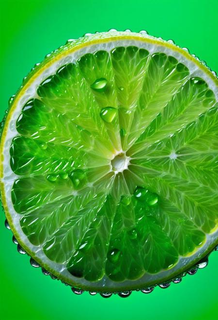 Stunning close-up photograph of a vibrant lime slice, showcasing the beauty of the fruit's green flesh and the allure of its glistening water droplets. The image captures the essence of the lime in breathtaking detail, highlighting its refreshing and organic nature. The photograph is a work of art in itself, with a rich green color palette and a stunning display of liquid textures that create a sense of movement and energy. This photorealistic image invites viewers to appreciate the simple beauty of the lime and the artistry of macro photography.