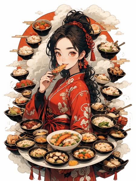 HEZI, 1girl, food, solo, holding, jewelry, chopsticks, earrings, looking at viewer, long sleeves, black hair, chinese clothes, hair ornament, fish, holding food, red eyes, bowl, dumpling, shrimp, holding chopsticks, white background, long hair, eating, bangs, hand up, parted lips, noodles, hair stick, upper body, simple background, braid, soup, thick eyebrows, tassel, holding bowl, breasts, vegetable, cowboy shot, sidelocks, meat, steam, tangzhuang, closed mouth, brown eyes, cloud print, red nails, parted bangs, small breasts, red theme, smile, short eyebrows, blush, red kimono <lora:åè´§å¥³å­©-000015:0.65>