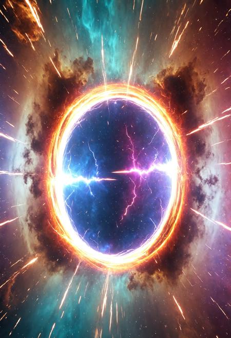 lightning bolts flying through a portal racing through a colorful nebula, mood exhilarating, lighting glowing from nebula, perspective dynamic forward motion, texture ethereal and luminous.