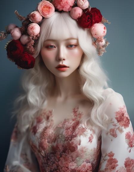 a commercial photo portrait of instagram model, the Ethereal Portraits, fashionable 2020's Japanese girl, detailed skin texture, 16yo girl, hyper real photo, , Albinism and Heterochromia by Bella Kotak, girly portrait in studio shoots, Albina Albina, Feminine portrait, bust-up shot, intricate fantasy dress,
taken by professional studio lighting, 150mm lens, PhaseOne, digital backs, medium format,
, 150mm portrait, photography, photo taken with a Hasselblad H4D, taken with PhaseOne IQ180, IQ160, IQ140, P65+, P45+, "digital back", extremely detailed, Leaf Aptus, perfect skin, detailed skin, hyper reality, perfect face,
(carmine:1.6) hair, (carmine:1.6) background, dress head completely covered with (carmine:1.6) flowers, (carmine:1.6) color filter,