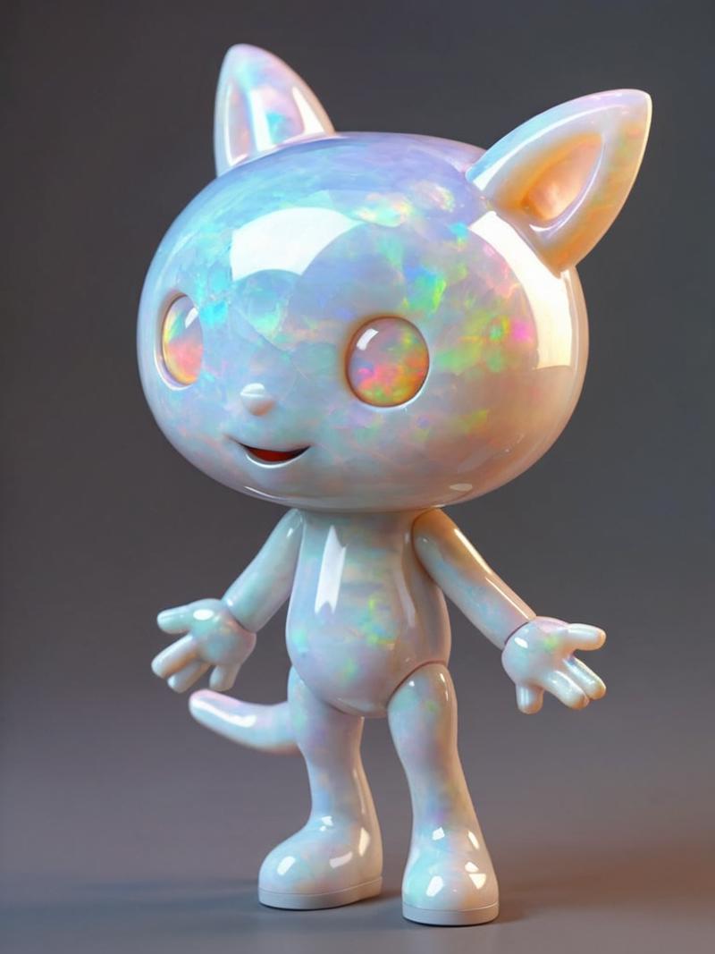The image features a small, white, and translucent figurine of a cat. The cat appears to be made of glass or a similar material, giving it a shiny and smooth appearance. It is standing on a surface with its arms outstretched, possibly in an attempt to catch something or simply expressing a playful demeanor.