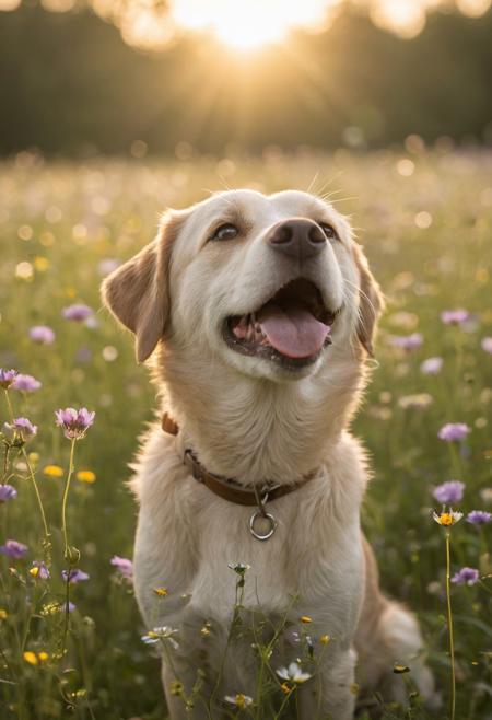 soft,A DOG HAPPY LOOKING UP, SHALLOW DEOTH OF FIELD, hazy backlighting in a dreamy wildflower meadow, golden hour, bokeh effect, 85mm lens