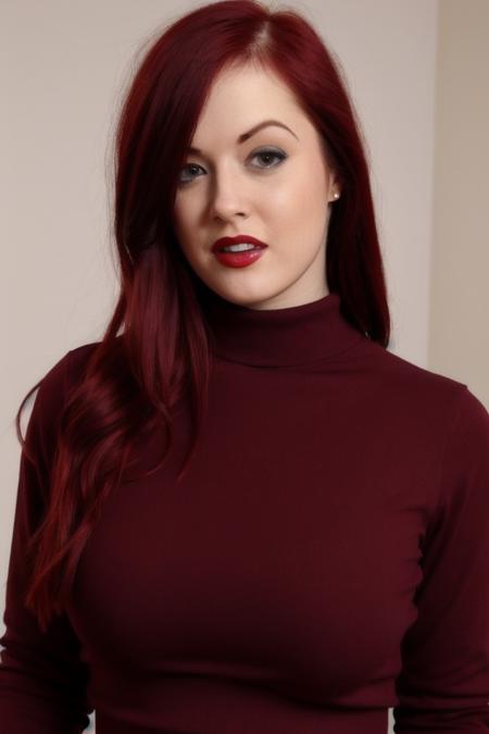 Portrait photo of j4y3r0s3 woman with red hair , turtleneck blouse, in a bedroom