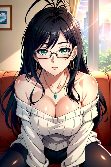 ((extremely detailed CG unity 8k wallpaper)),(masterpiece),(best quality),(ultra-detailed),(best illustration),(best shadow),(Extremely Detailed),(absurdres),(detailed background), <lora:Chisato Hasegawa:0.8> Chisato Haswegawa, 1girl, breasts, sweater, black hair, long hair, Antenna hair, glasses, mature, adlut woman, blush, green eyes, Beautiful Detailed Eyes, jewelry, cleavage, looking at viewer, suducing stare, necklace, medium breasts, off-shoulder sweater, off shoulder, collarbone, leggings, bangs, nail polish, solo, earrings, pov, straddling, girl on top, closed mouth, frilled shirt, backlighting, indoors, couch