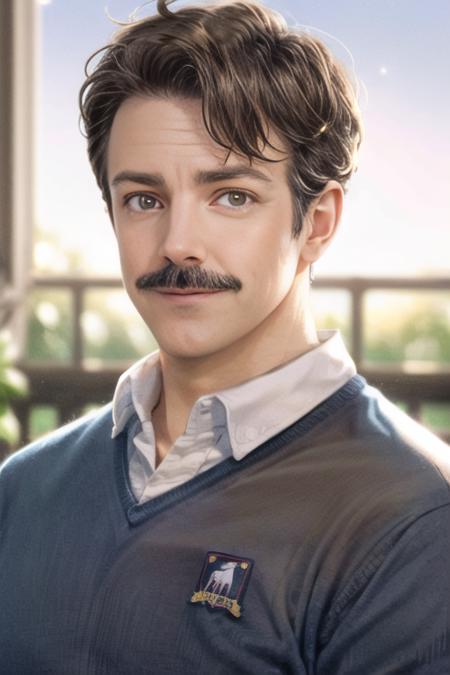 photo of ted person,  tedlasso, male, detailed face and eyes, <lora:TedLassov2-000003:1> (collar shirt), (deep blue v-neck sweater:1.2),medium shot , brown hair, (brown eyes:1.2), mustache:1.3, portrait, bloom, light sparkles, (backlighting:1.3) masterpiece, illustration,   masterpiece, best quality, male focus, magic clouds, lovely sky, (pink pastel background) extremely detailed face, Shining white particles ,