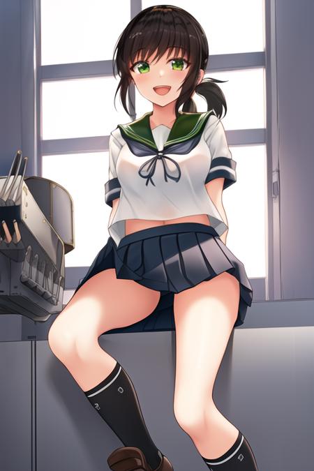 masterpiece, best quality, highres, solo, {fubuki_kantaicollection:1.10}, black_hair, ponytail, short_ponytail, serafuku, sidelocks, low_ponytail, green_eyes, smile, open_mouth, 1girl, black_eyes, school_uniform, machinery, pleated_skirt, skirt, :d, looking_at_viewer