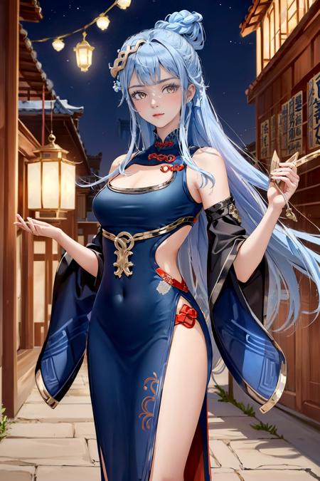 <lora:Yue-09:0.8>,((big breasts)), 1girl, solo, long hair, looking at viewer, hair ornament, dress, holding, bare shoulders, closed mouth, blue hair, yellow eyes, braid, artist name, covered navel, blue dress, chinese clothes, china dress, hand fan, folding fan, light blue hair, holding fan, Jordyn Huitema, (masterpiece,best quality:1.5), (masterpiece,best quality:1.5), Hold the fan with the right hand, the left hand does not hold the fan, Chinese imperial palace, feudal China, wooden castle, lake, (lantern), sparkling, (masterpiece,best quality:1.5), (masterpiece,best quality:1.5)