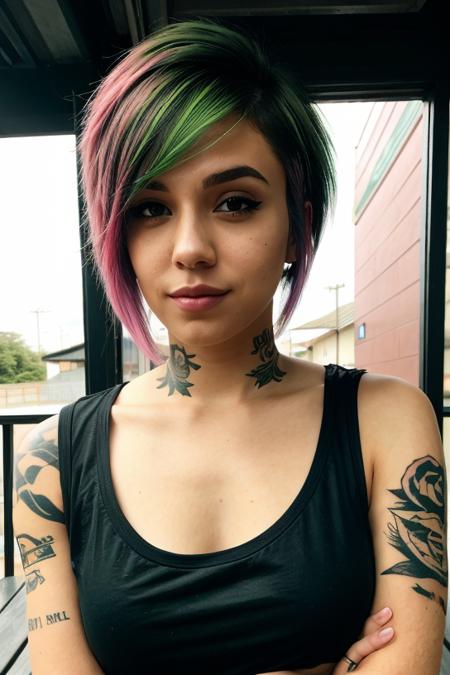 <lora:CyberJudy:0.4> CyberJudy, 1girl, solo, asymmetrical hair, green hair, pink hair, brown eyes, tattoo, upper body, oversized tshirt,